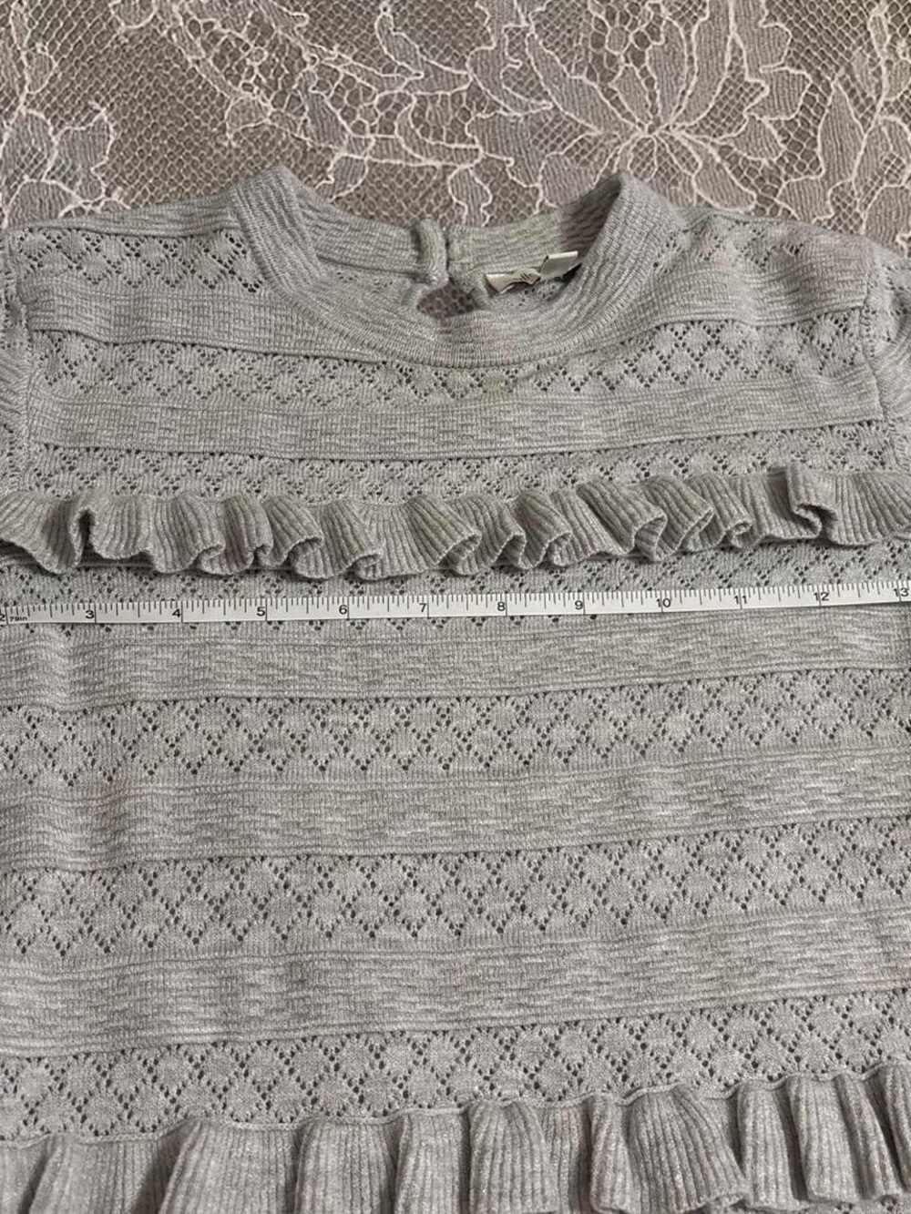 Ella Moss Grey Pointelle Knit Ruffle Trim Long Sleeve Sweater Top Sz S - Picture 3 of 6